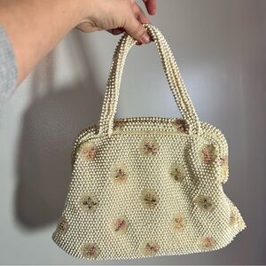 Vtg 50’s Lumured Corde-Bead Floral Purse Coquette Cream Grandma Core Romance